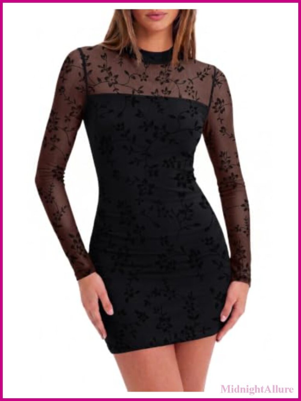 Mesh Sheer Long Sleeve Bodycon Mini Dress Mock Neck Ruched Party